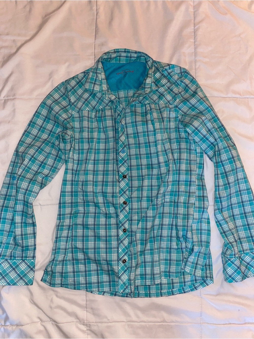 Women’s Teal Plaid Button-Down Shirt - Casual Long Sleeve
